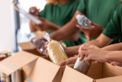 Food bank volunteers packing boxes.